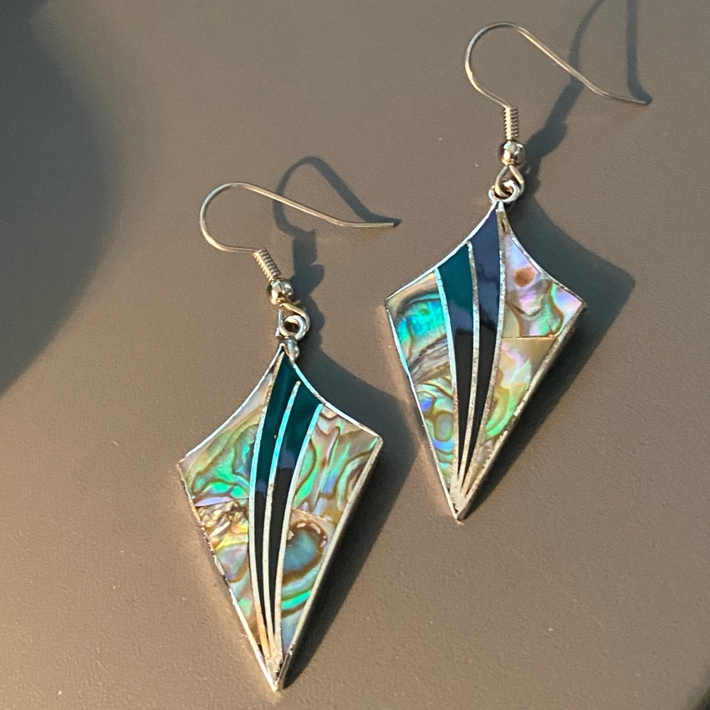 Vintage Mexico Alpaca Abalone Dangle Drop Earrings Silver Tone